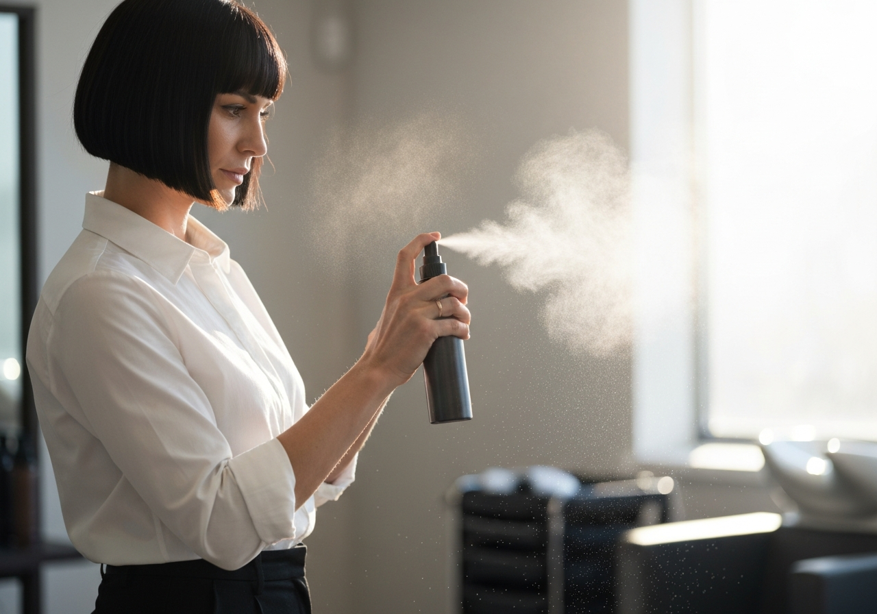 Lak na vlasy: Skryté riziko pro plíce? (Pravda) 2 A professional hairstylist holding a modern hairspray bottle in a minimalist, sunlit studio, fine mist droplets catching the light, editorial aesthetic, 85mm macro lens, high-end beauty photography, soft bokeh background, no text, no letters