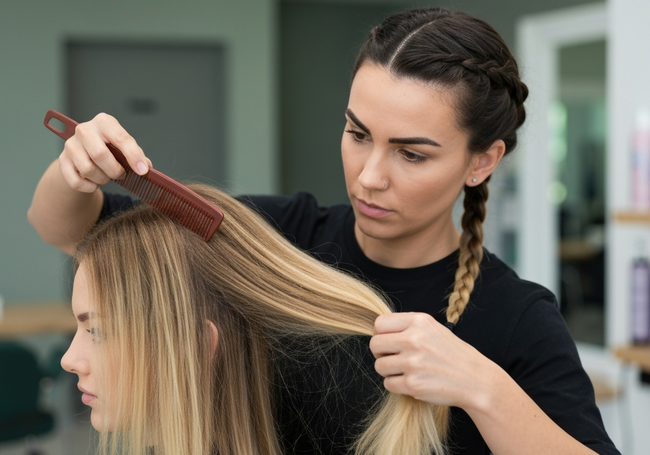 Lak na vlasy: Skryté riziko pro plíce? (Pravda) 3 A professional stylist delicately styling long healthy hair with a natural comb, soft focus background of a clean salon, editorial photography, soft natural light, 85mm lens, high resolution, no text, no words, no letters