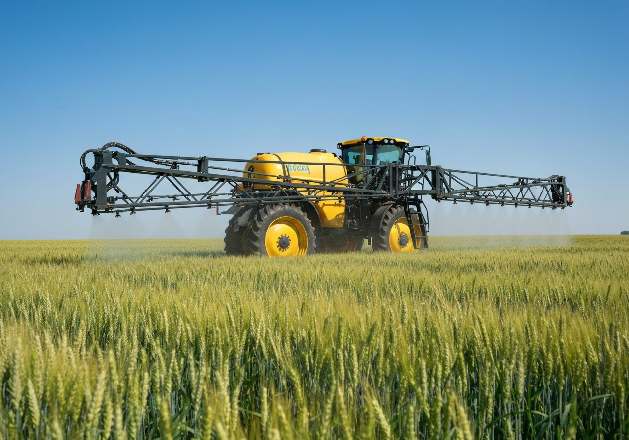Professional agricultural sprayer equipment in a lush green wheat field, modern farming, bright sunlight, editorial photography, 85mm lens, high resolution, no text, no letters