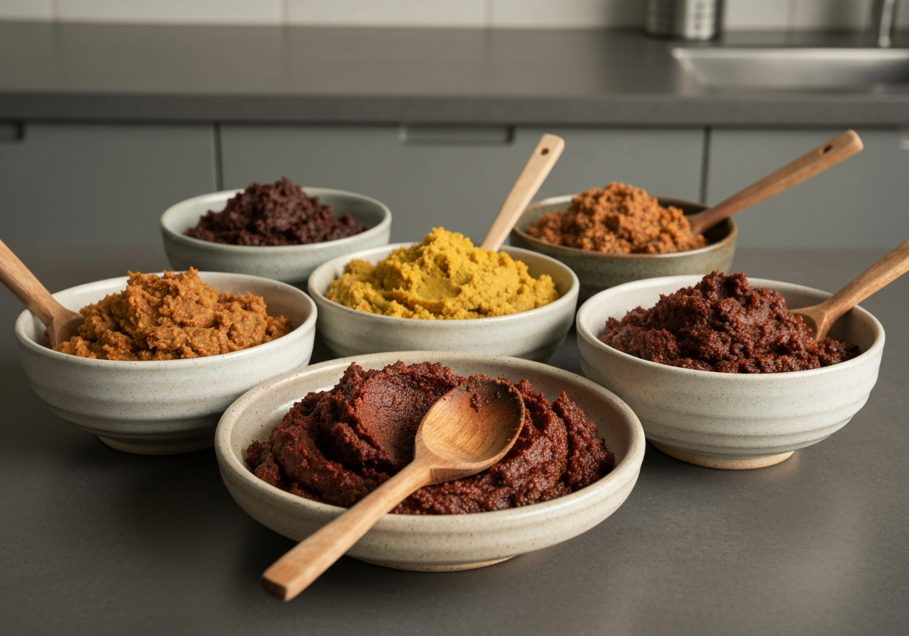 Close-up of various traditional fermented pastes in ceramic bowls, rich textures and earthy colors, wooden spoons, modern minimalist kitchen background, editorial photography, soft natural light, 85mm lens, high focus, no text, no letters