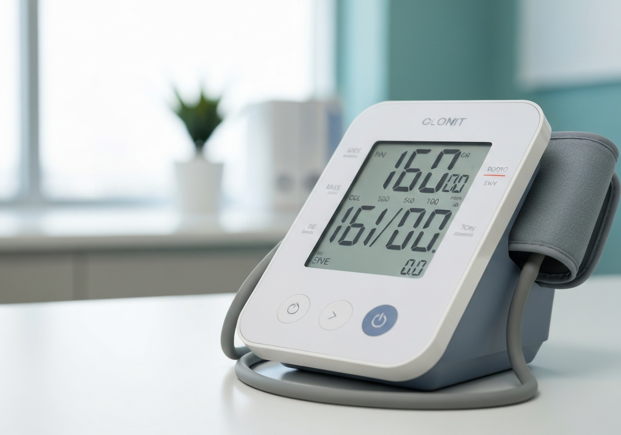 A professional digital blood pressure monitor showing 160/100 on the display, clean medical office background, soft natural light, premium editorial style, shallow depth of field, 85mm lens, no text, no words, no letters.
