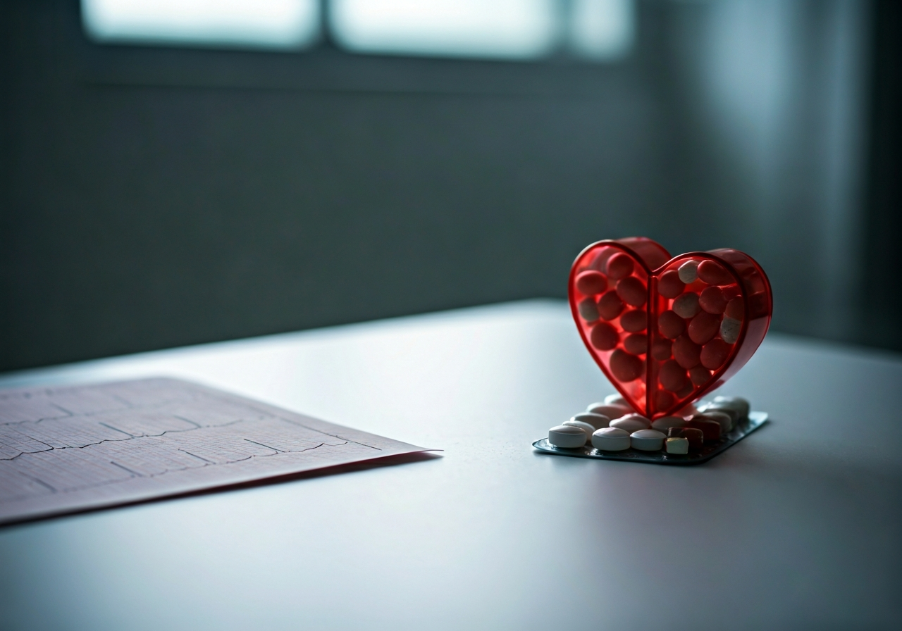 A professional doctor's desk in a modern cardiology clinic, an EKG printout with heart rhythm lines resting next to a heart-shaped medication pill organizer, soft natural light through a clinic window, premium clinical aesthetic, depth of field, 85mm lens, highly detailed, no text, no letters