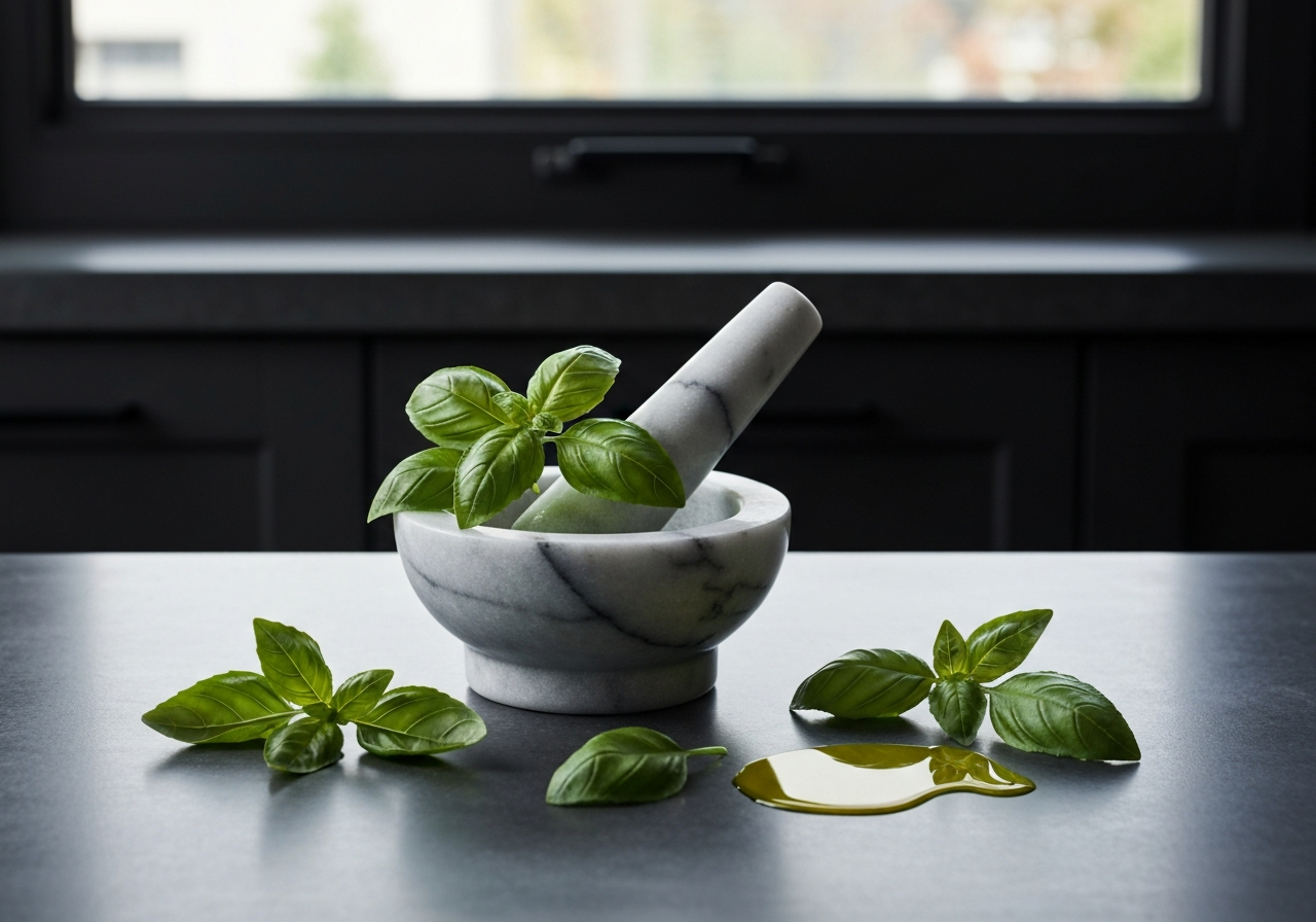 Bazalka na nervy: Opravdu funguje? (Ověřené účinky) 3 A vibrant, high-end culinary arrangement of fresh green basil leaves, a marble mortar and pestle with olive oil, modern kitchen setting, editorial photography, soft natural light, 85mm lens, minimalist aesthetic, no text, no letters