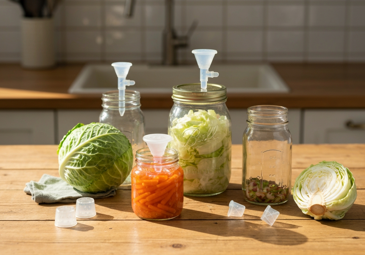 A professional fermentation setup on a rustic wooden table, featuring glass mason jars with silicone airlock lids and glass fermentation weights, organic cabbage and carrots inside, bright morning kitchen light, editorial food photography, 85mm lens, high resolution, no text, no words, no letters