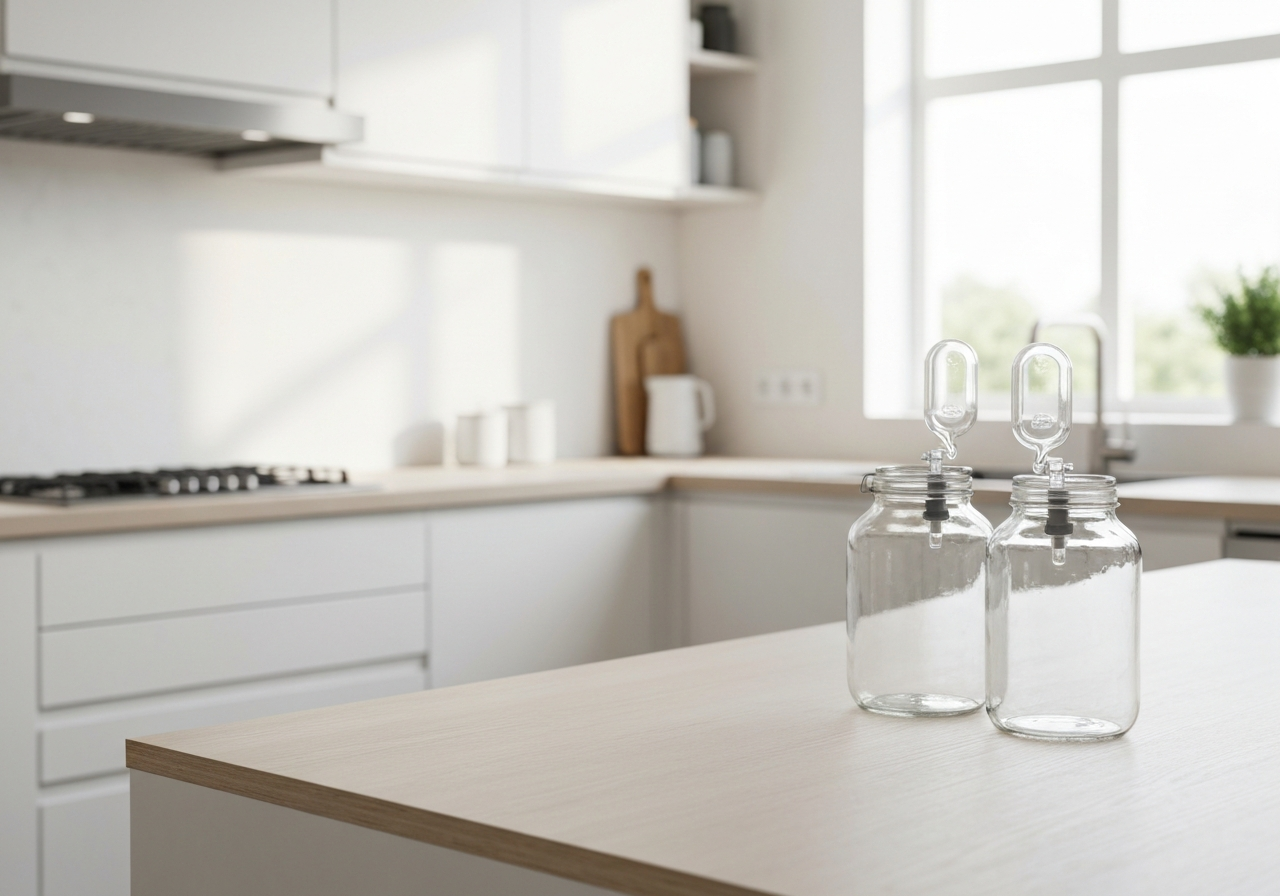 Close-up of professional glass fermentation jars with airlocks on a clean wooden kitchen counter, modern Scandinavian kitchen background, editorial photography, soft natural morning light, 85mm lens, depth of field, no text, no words, no letters