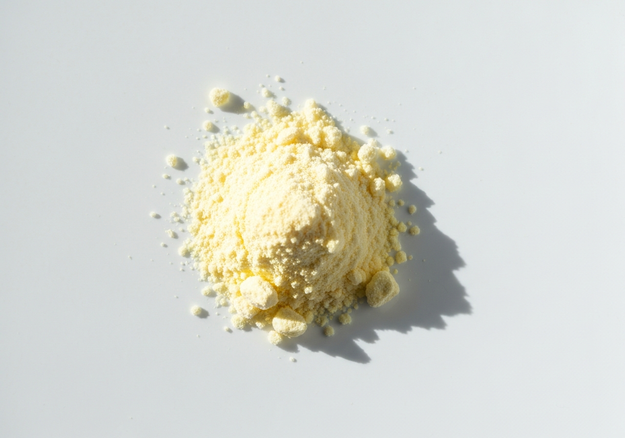A scientific flat lay of crystalline ascorbic acid powder on a clean laboratory surface, bright laboratory lighting, minimal composition, editorial photography, 85mm lens, highly detailed, no text, no letters