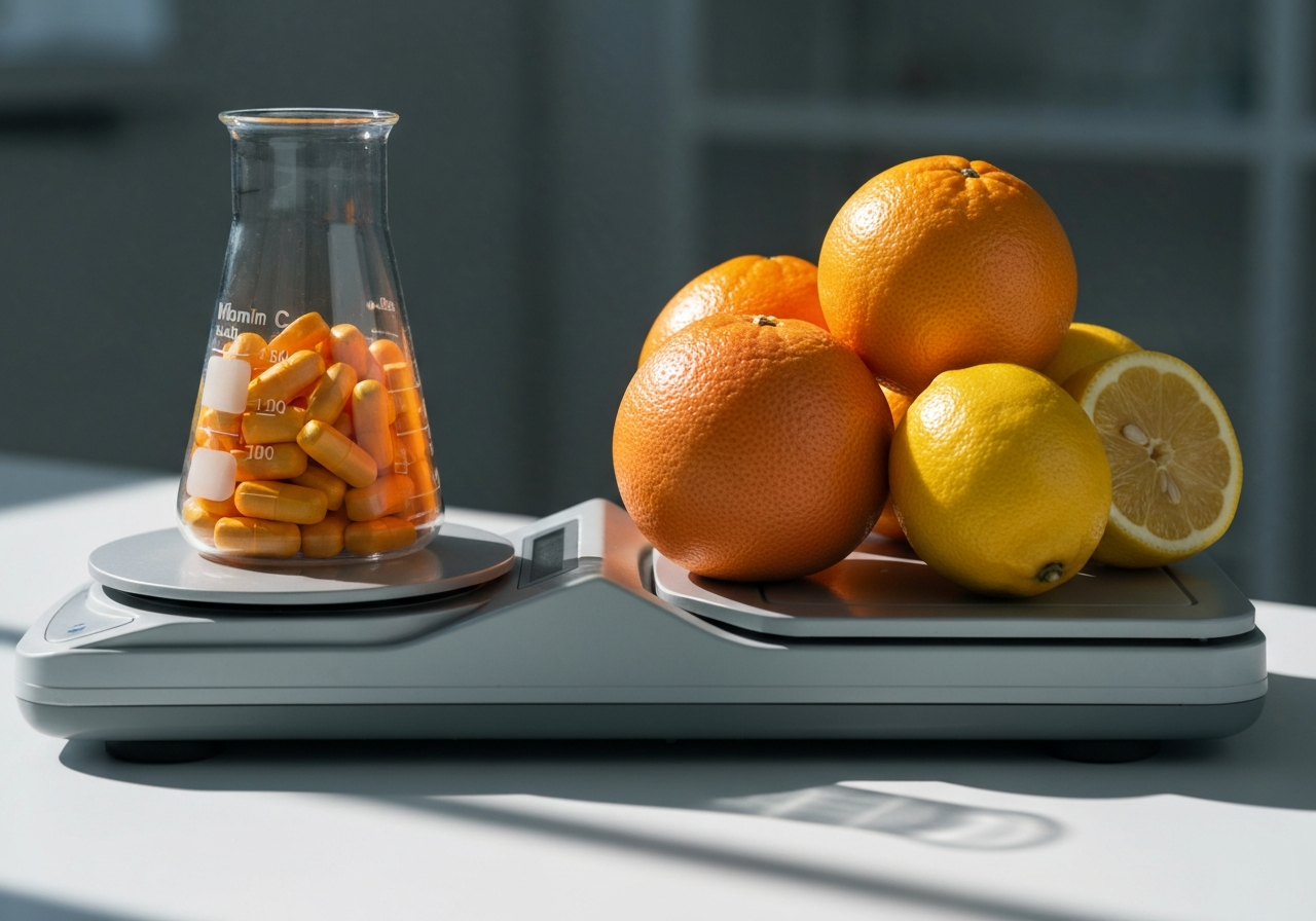 A professional medical scale balancing a lab beaker with vitamin c supplements on one side and fresh colorful citrus fruits on the other, clinical laboratory background, soft natural lighting, editorial photography, 85mm lens, high resolution, no text, no letters.