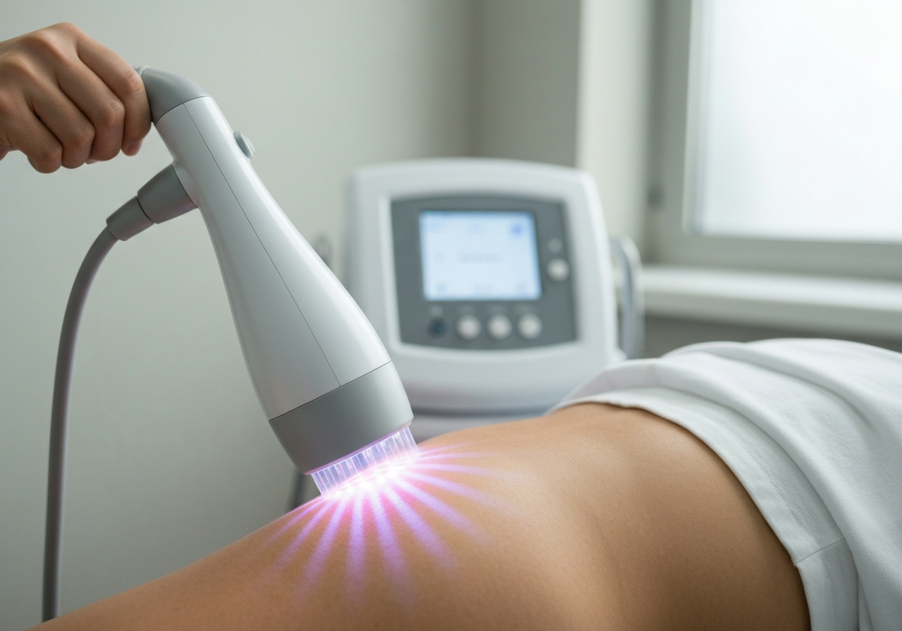 A professional medical device emitting a soft spectrum of light onto a patient's skin in a sterile clinical environment, modern clean aesthetic, editorial photography, soft natural light, 85mm lens, highly detailed, no text, no words, no letters