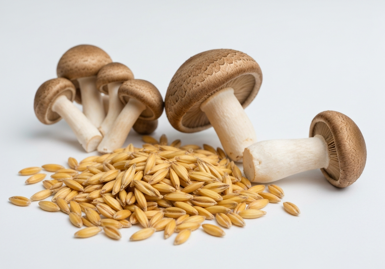 Macro photography of organic mushroom structures and golden oat grains, clean white laboratory background, premium editorial style, soft natural lighting, 85mm lens, high focus, no text, no letters