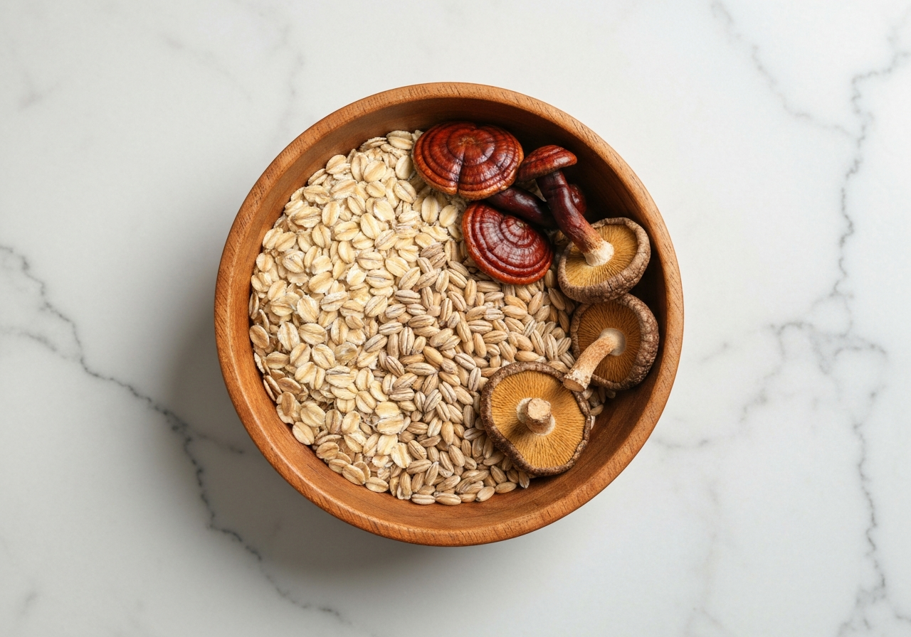 A flat lay of rustic wooden bowl filled with raw oat flakes, barley grains, and dried medicinal mushrooms like Reishi and Shiitake on a clean marble kitchen surface, soft natural morning light, editorial photography style, 85mm lens, high resolution, no text, no words, no letters