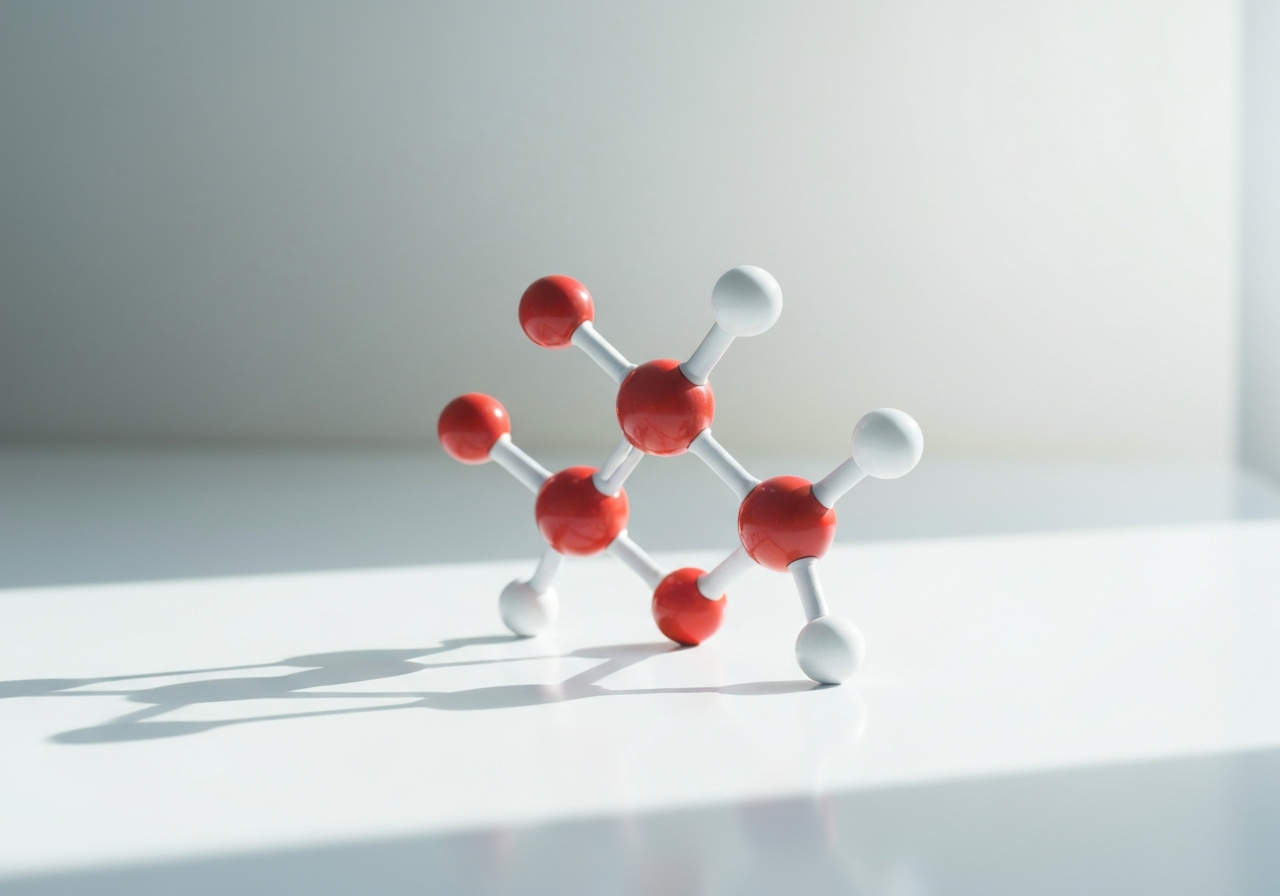 Kyselina askorbová: Která skutečně funguje? (Test) 2 A molecular model of ascorbic acid resting on a clean white laboratory surface, soft natural light, minimalist scientific aesthetic, 85mm lens, highly detailed, no text, no letters