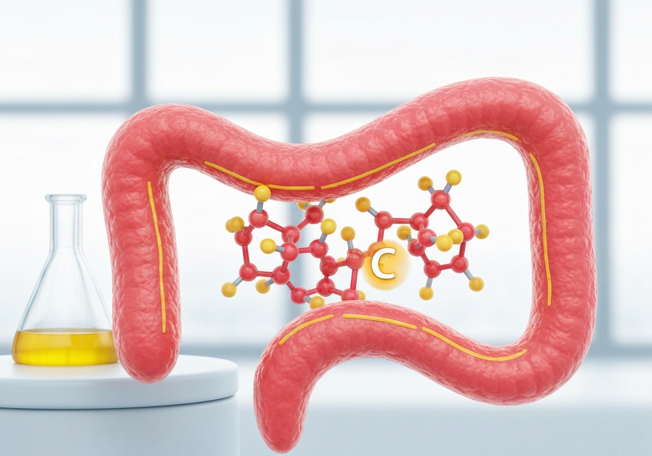 Kyselina askorbová: Která skutečně funguje? (Test) 3 A scientific visualization of vitamin C molecules being absorbed through the human intestinal wall, conceptual, clean laboratory background, soft natural lighting, macro photography, high resolution, no text, no words, no letters