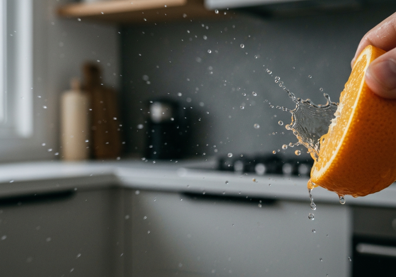 A macro close-up of a vibrant orange slice being squeezed, water droplets suspended in mid-air, clean modern kitchen background, editorial photography, soft natural light, 85mm lens, cinematic depth of field, no text, no words, no letters
