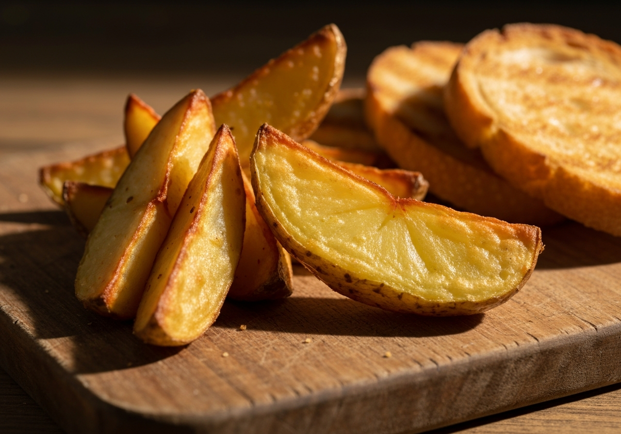 A macro close-up of crispy, golden-brown roasted potato wedges and toasted bread on a rustic wooden board, cinematic editorial lighting, soft shadows, 85mm lens, high quality, no text, no letters