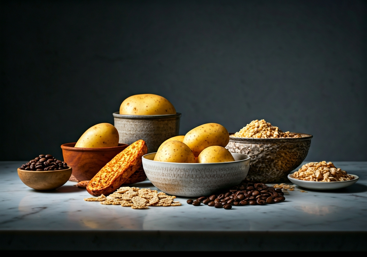 A professional culinary composition featuring various golden-brown potato products, roasted coffee beans, and artisanal cereals on a marble surface, soft natural light, editorial photography, 85mm lens, high resolution, no text, no words, no letters.