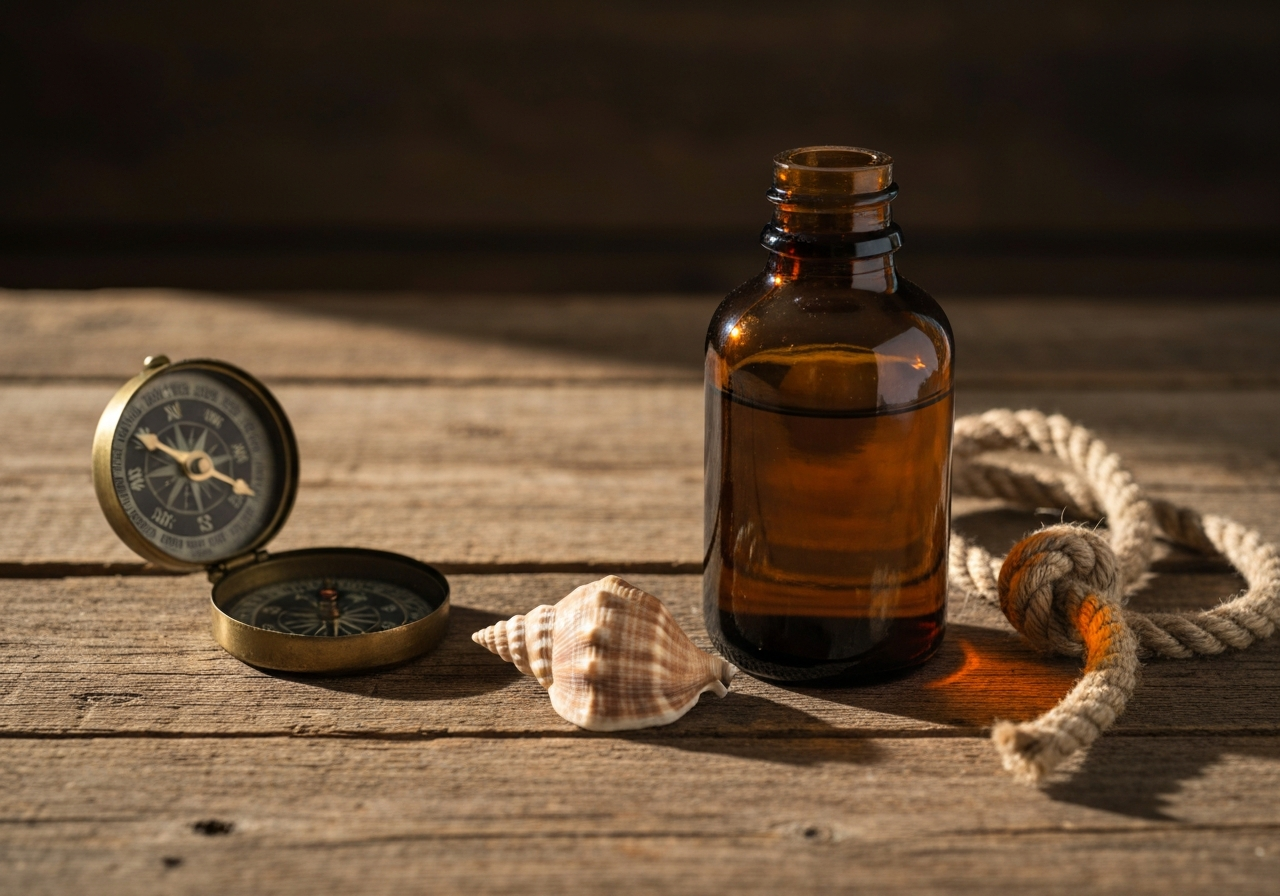 A professional close-up shot of an amber-colored glass bottle of fermented cod liver oil on a rustic wooden table, surrounded by sea-inspired elements, soft natural morning light, editorial photography, 85mm lens, high quality, no text, no letters.