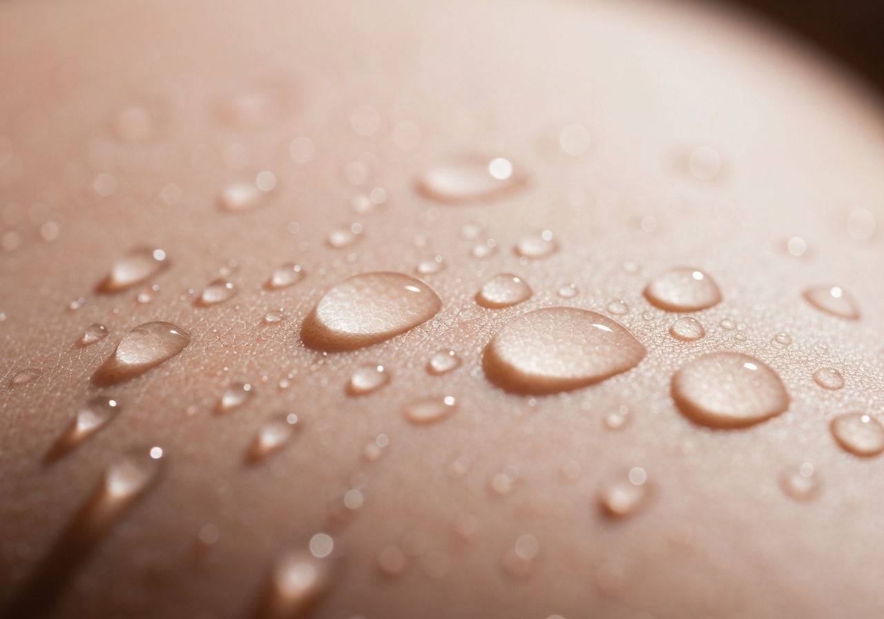 Artistic close-up macro shot of water droplets on a healthy human skin surface, minimalist modern aesthetic, soft natural light, shallow depth of field, 85mm lens, premium editorial quality, no text, no words, no letters