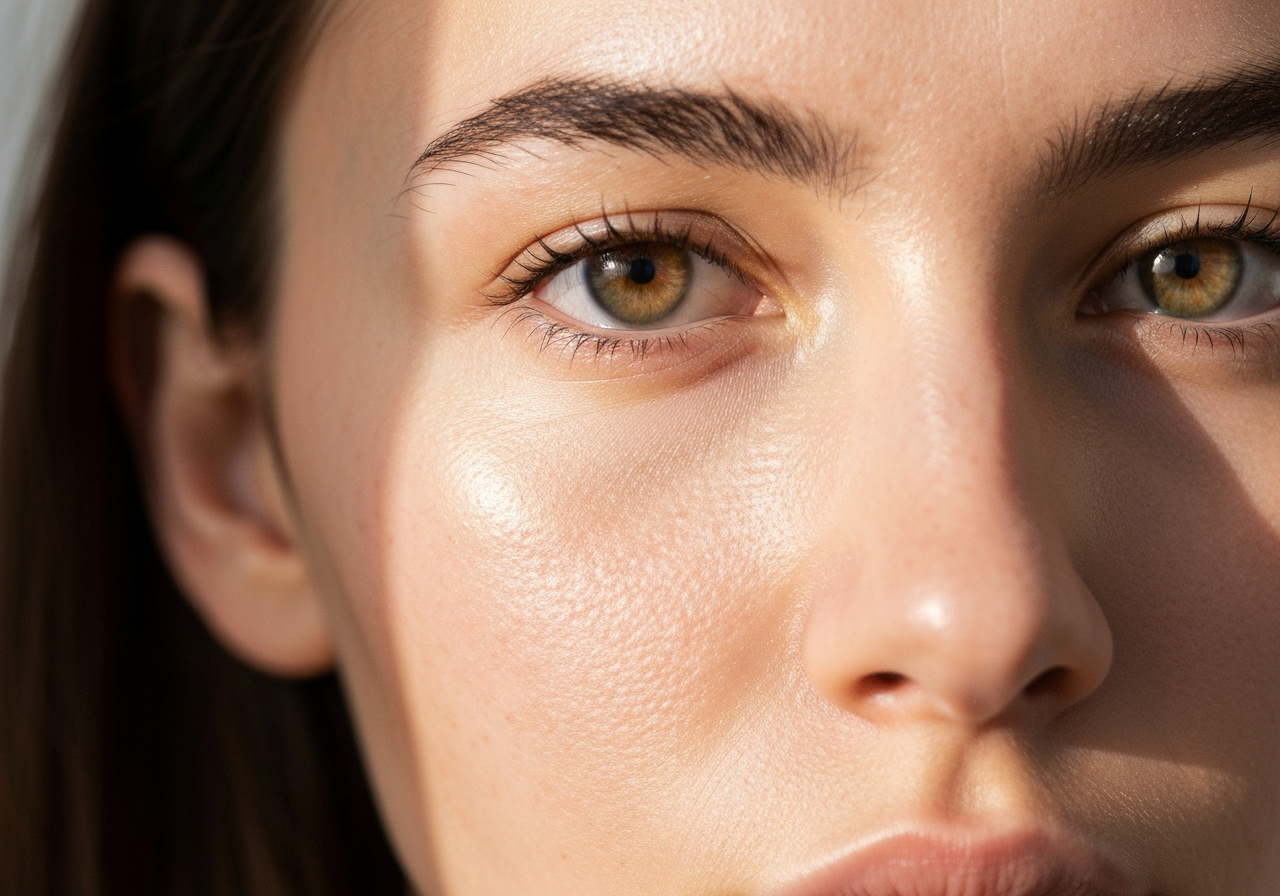 Close-up of a young woman's face with a natural, healthy glow, soft natural light highlighting skin texture, minimalist modern skincare aesthetic, 85mm lens, high resolution, no text, no words, no letters
