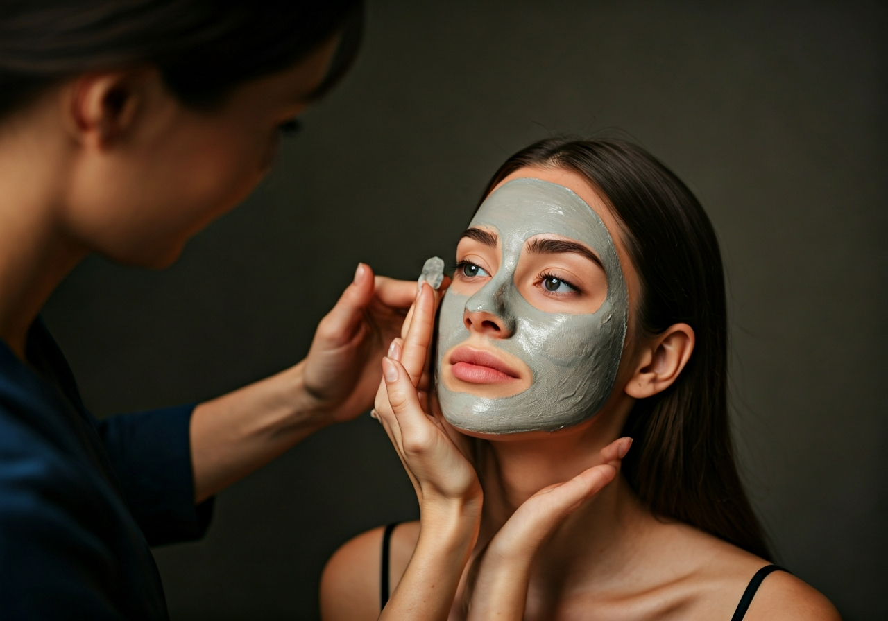 A professional aesthetician applying a clay-based detox mask to a model's cheek, clean minimalist spa environment, editorial photography, soft natural light, 85mm lens, depth of field, high resolution, no text, no words, no letters.