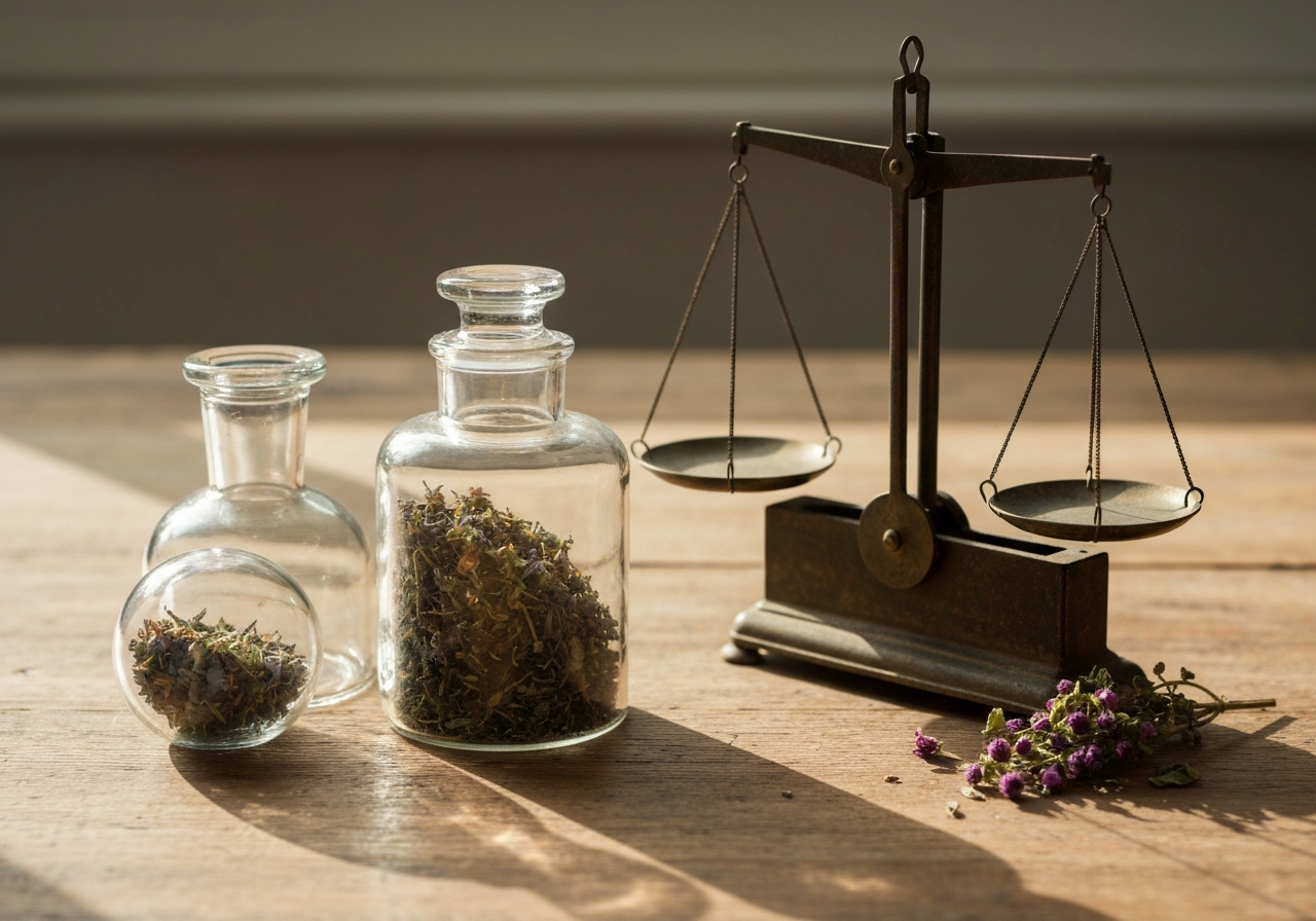 Vintage apothecary glassware, dried botanical herbs, and an antique chemistry scale on a wooden table, soft natural morning light, editorial photography style, 85mm lens, high detail, no text, no letters