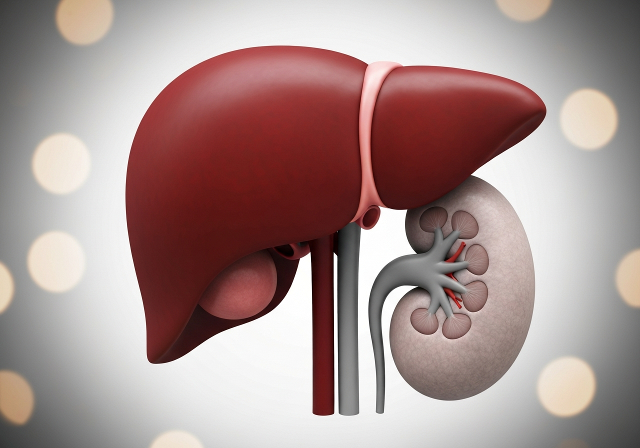 A conceptual close-up shot of a human liver and kidneys depicted in a clean, minimalist medical illustration style, soft clinical lighting, bokeh background, high-end editorial aesthetic, 85mm lens, no text, no letters