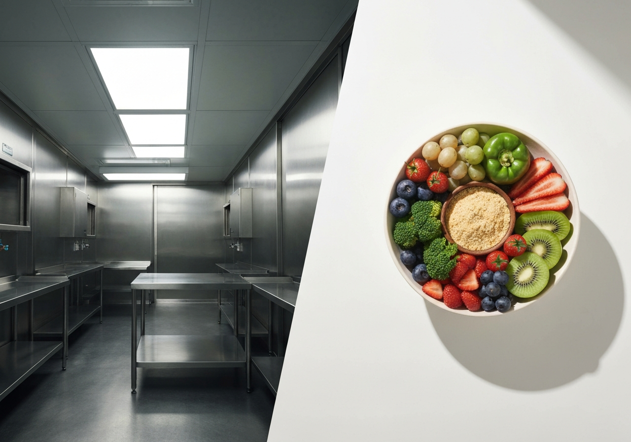 A comparison split-screen composition showing a sterile, clinical medical environment on one side and a vibrant, raw food bowl on the other, professional editorial photography, clean composition, soft natural light, 85mm lens, high resolution, no text, no letters