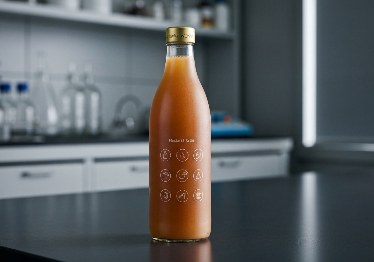 A conceptual shot showing an expensive juice bottle labeled with vague health icons on a laboratory table, dark moody lighting contrast, professional editorial style, 85mm lens, high detail, no text, no letters
