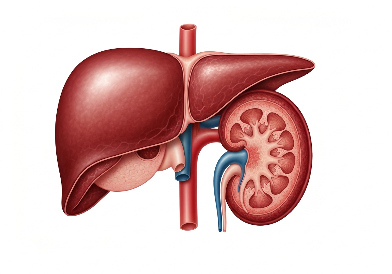 A scientific cross-section illustration of human liver and kidneys, anatomical precision, clean white background, soft cinematic lighting, 85mm lens, high resolution, no text, no words, no letters