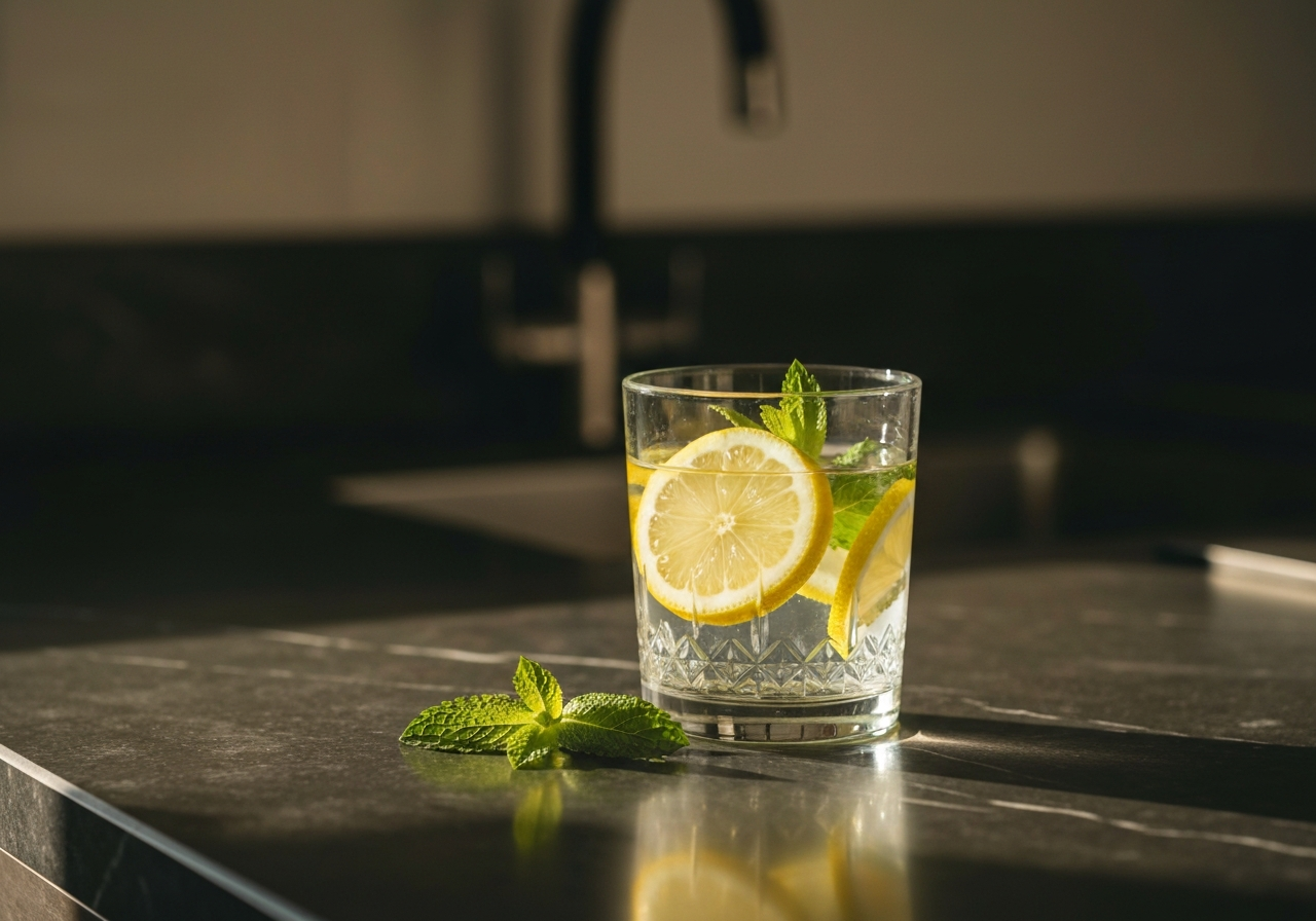 A high-quality editorial shot of a crystal clear glass of water with fresh lemon slices and mint leaves on a marble kitchen counter, morning sunlight, shallow depth of field, 85mm lens, minimalist and premium aesthetic, no text, no words, no letters.