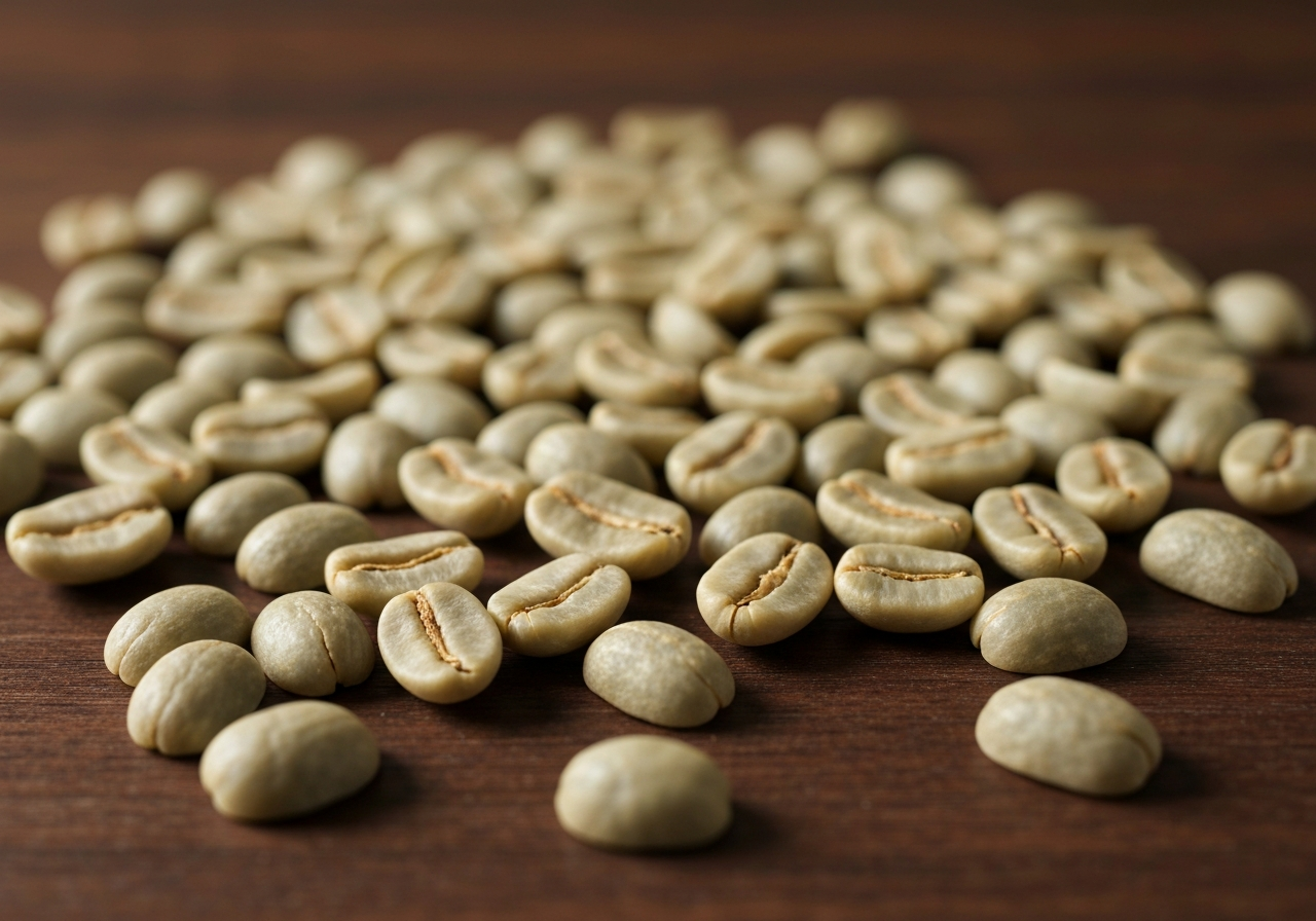 Green coffee detox: Funguje to skutečně? (Pravda) 2 A macro photography shot of raw, pale green unroasted coffee beans scattered on a rustic wooden table, cinematic lighting, shallow depth of field, premium quality, 85mm lens, no text, no words, no letters.