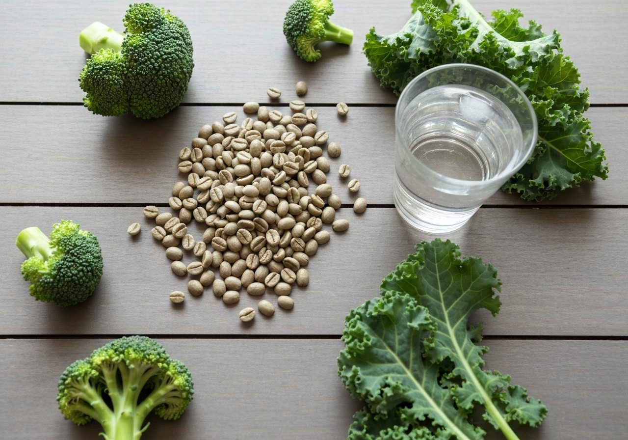 Green coffee detox: Funguje to skutečně? (Pravda) 3 Flat lay of raw green coffee beans spilled on a clean wooden table, surrounded by fresh green vegetables and a glass of water, minimalist and clean, editorial photography, soft natural light, 85mm lens, highly detailed, no text, no letters