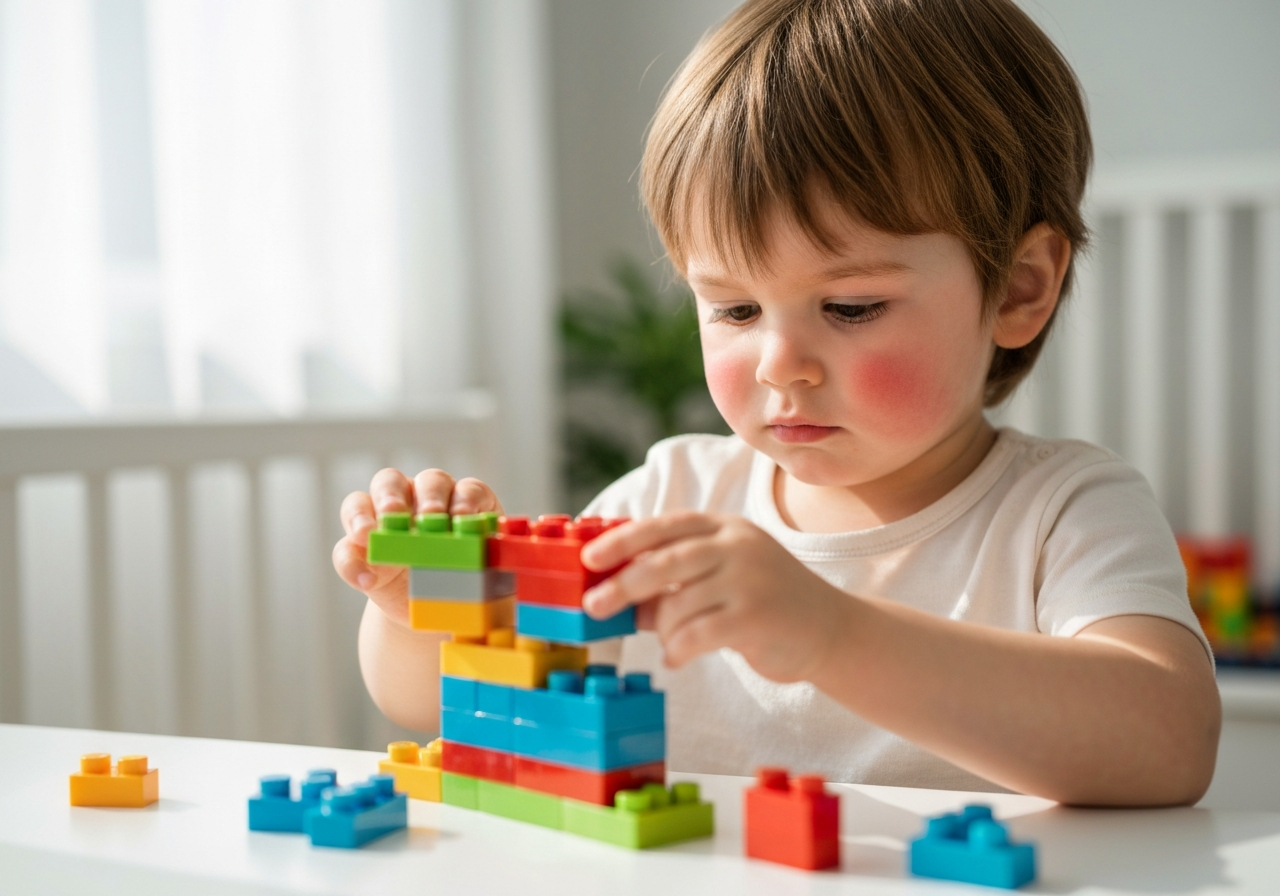 Imunita dětí: Funguje Just opravdu? (Pravda 2026) 2 Close-up macro photography of a young child playing with building blocks, representing the structural development of the immune system, modern clean nursery background, soft natural sunlight, 85mm lens, depth of field, no text, no words, no letters