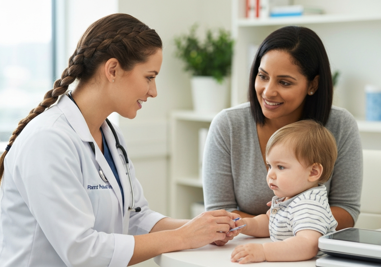Imunita dětí: Funguje Just opravdu? (Pravda 2026) 3 A professional pediatrician consulting with a young child and a parent in a modern, sunlit clinic, warm and calming atmosphere, editorial photography, 85mm lens, high detail, no text, no words, no letters.