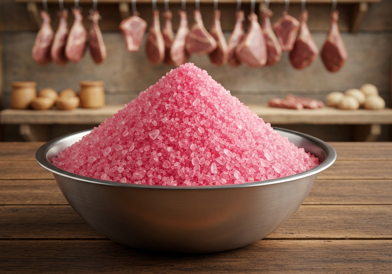 Rychlosůl: Jak ji nahradit zdravě (Rychlý přehled) 2 Close-up macro photography of pink curing salt crystals in a professional stainless steel bowl, rustic butcher shop background, soft morning light, 85mm lens, depth of field, premium editorial style, no text, no words, no letters