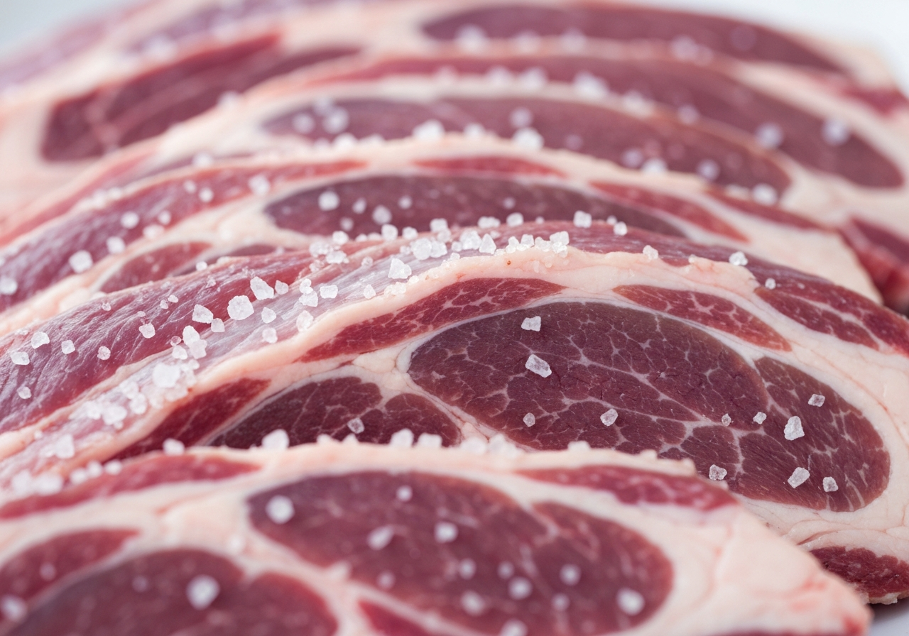 Rychlosůl: Jak ji nahradit zdravě (Rychlý přehled) 3 Macro shot of raw meat curing process in a professional kitchen, focus on salt texture and meat pigments, clean minimalist aesthetic, soft natural daylight, 85mm lens, high resolution, no text, no words, no letters