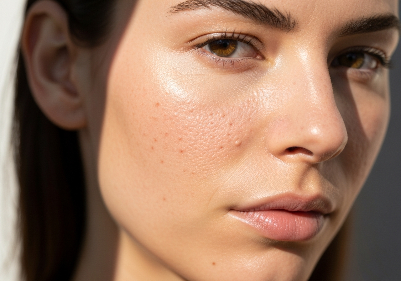 Keratosis pilaris rubra: Odborný průvodce (2026) 2 Close-up editorial shot of a woman with healthy but textured skin on cheeks, highlighting subtle follicular redness, natural light, dermatology clinical photography style, 85mm lens, high resolution, minimalist aesthetic, no text, no words, no letters