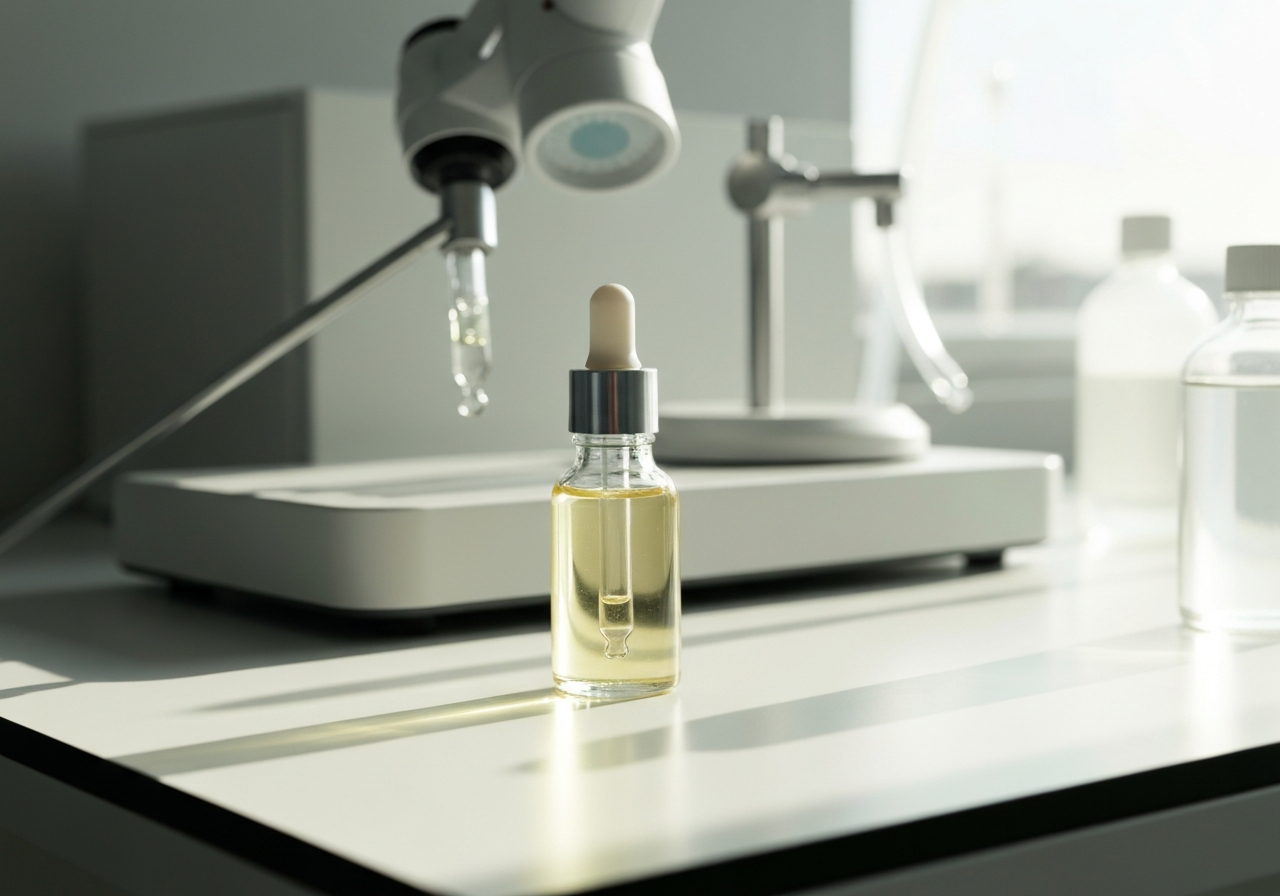 Keratosis pilaris rubra: Odborný průvodce (2026) 3 A macro editorial shot of a modern skincare laboratory bench, featuring a glass dropper bottle containing a light serum, sterile environment, soft natural morning light reflecting on clinical surfaces, 85mm lens, high-end professional aesthetic, no text, no words, no letters.