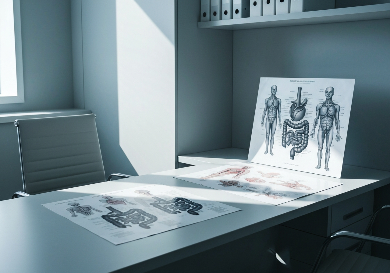 A professional medical consultation setting, a clean desk with anatomical diagrams of the human digestive system, soft natural light, minimalist and clean aesthetic, editorial photography style, 85mm lens, highly detailed, no text, no letters.