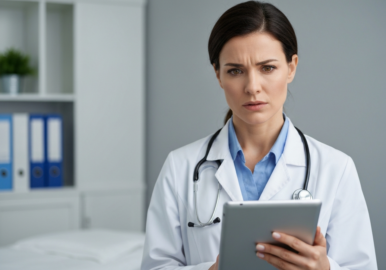 A professional medical doctor holding a digital tablet in a clean, modern clinic office, close-up on the doctor's concerned expression, soft natural clinical lighting, depth of field, premium editorial style, 85mm lens, no text, no words, no letters.