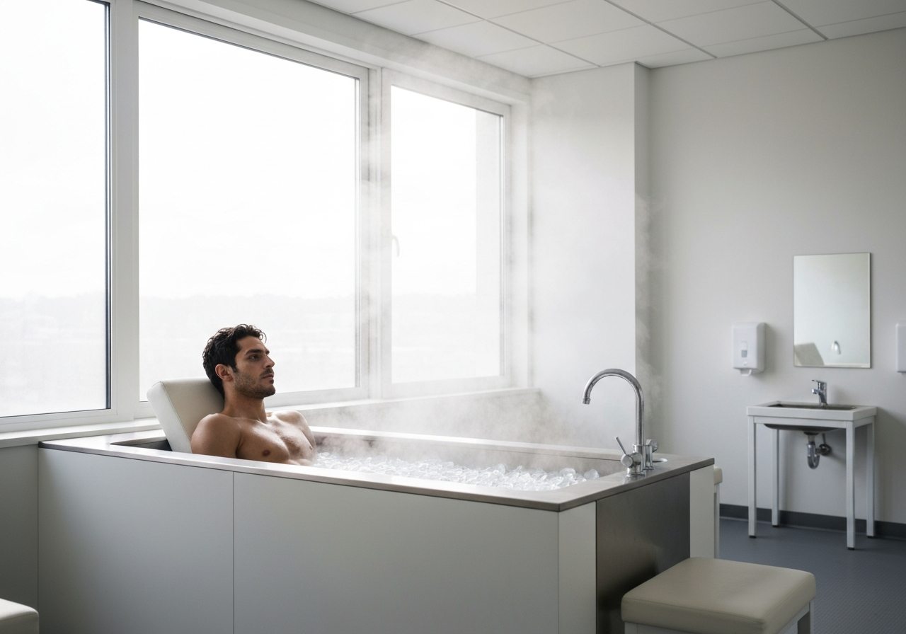 Otužování: 5 rizik, která musíte znát (Rychlý přehled) 3 A professional athlete taking an ice bath in a bright, minimalist recovery room, steam rising from water, soft natural light, editorial photography style, 85mm lens, high detail, no text, no letters