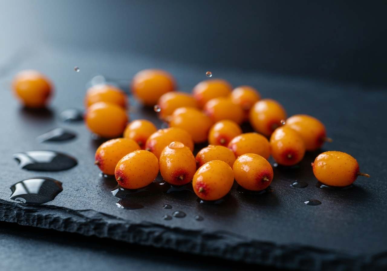 Macro photography of sea buckthorn berries dripping with golden organic oil on a dark slate background, elegant water droplets, soft cinematic natural light, 85mm lens, high-end editorial aesthetic, no text, no letters.