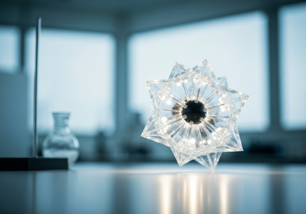 A scientific close-up of an ascorbic acid molecular model, crystal structures glowing in a laboratory setting, modern clean aesthetic, editorial photography, soft natural light, 85mm lens, depth of field, no text, no words, no letters