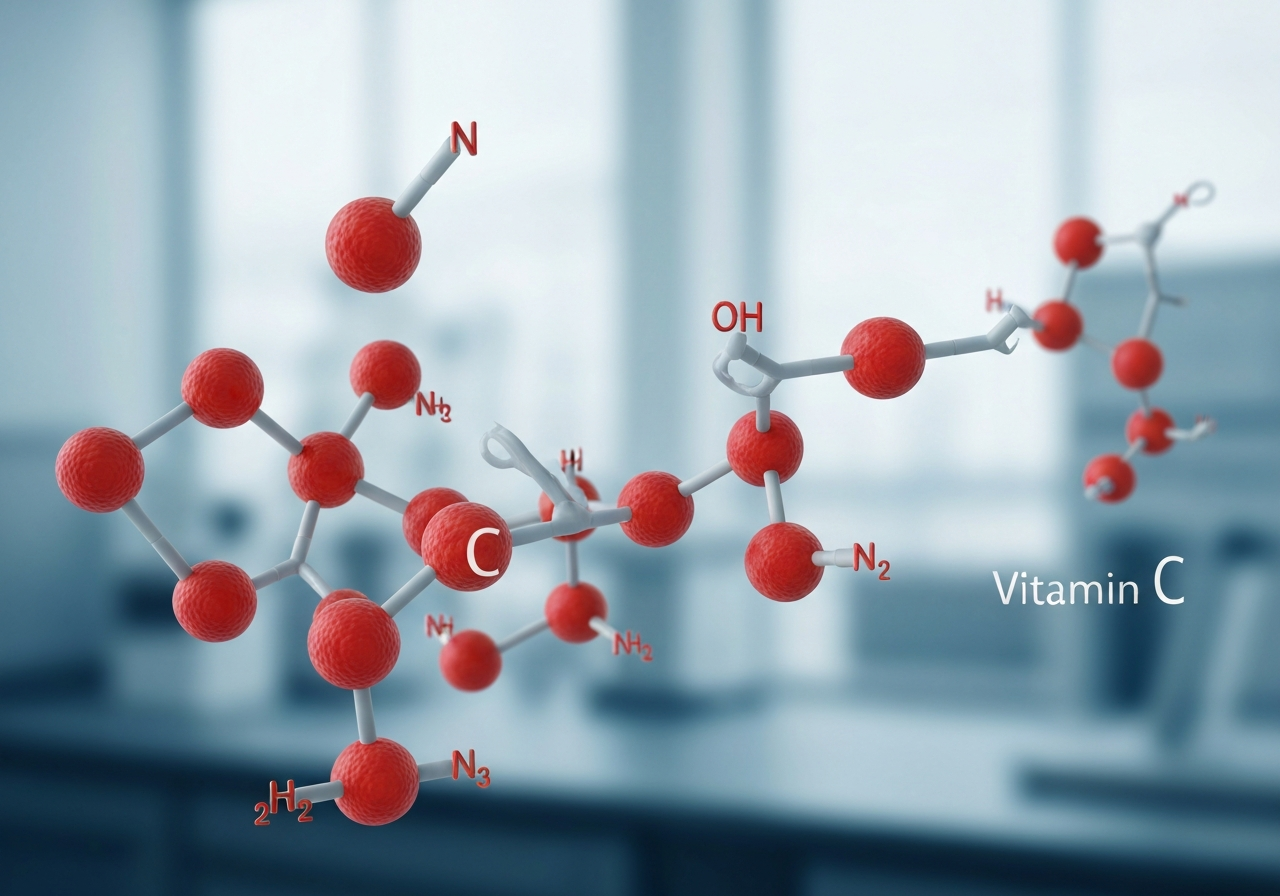 Conceptual macro shot of vitamin C molecules interacting with cellular transporters, clinical laboratory background, soft natural lighting, editorial style, shallow depth of field, 85mm lens, highly detailed, no text, no letters.