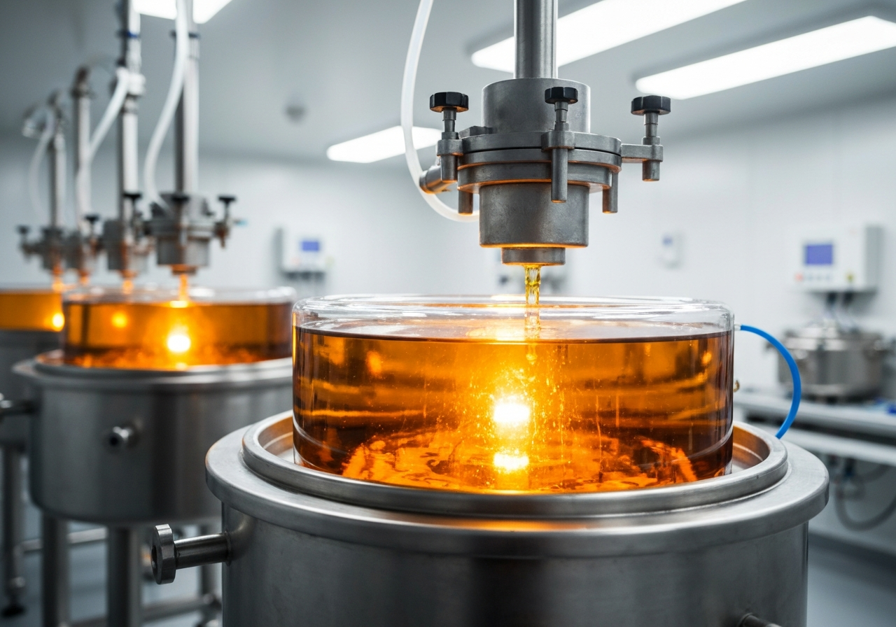 Výroba vitaminu C: Je to bezpečné? (Pravda o procesu) 2 A professional laboratory setting showcasing industrial bioreactors with glowing amber liquid inside, sterile environment, modern scientific aesthetic, clinical lighting, 85mm macro lens, high depth of field, no text, no words, no letters