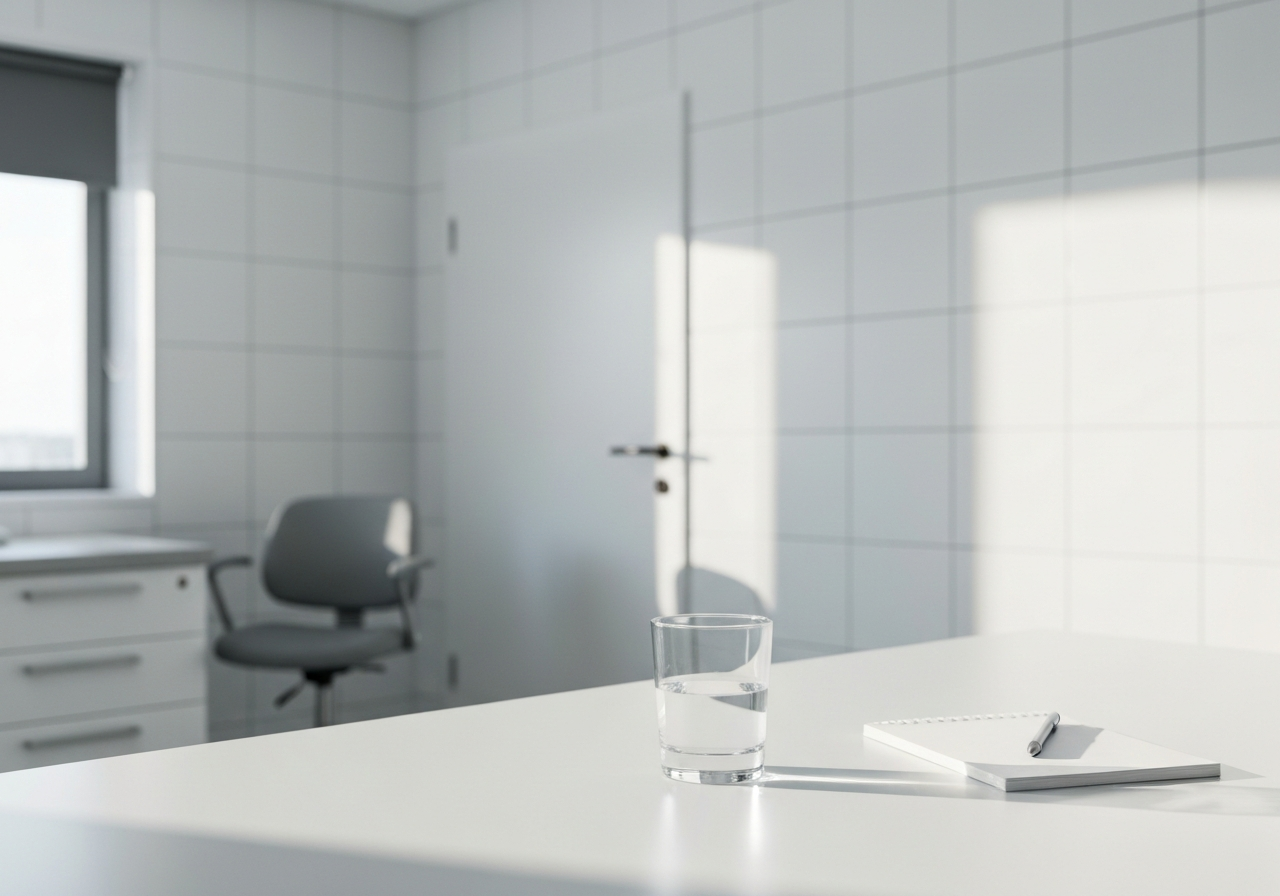 A professional medical setting representing a clean, modern clinical environment with a glass of water and a notepad, high-end editorial photography, soft natural light, shallow depth of field, 85mm lens, minimalist aesthetic, no text, no words, no letters