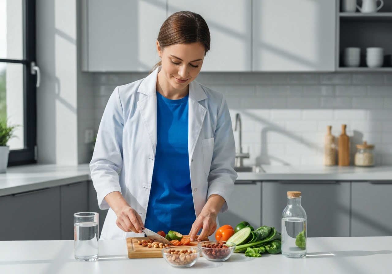 A professional nutritionist preparing a balanced meal of fresh vegetables, nuts, and clean water in a bright, modern, minimalist kitchen, soft natural light, editorial photography, 85mm lens, high quality, no text, no letters