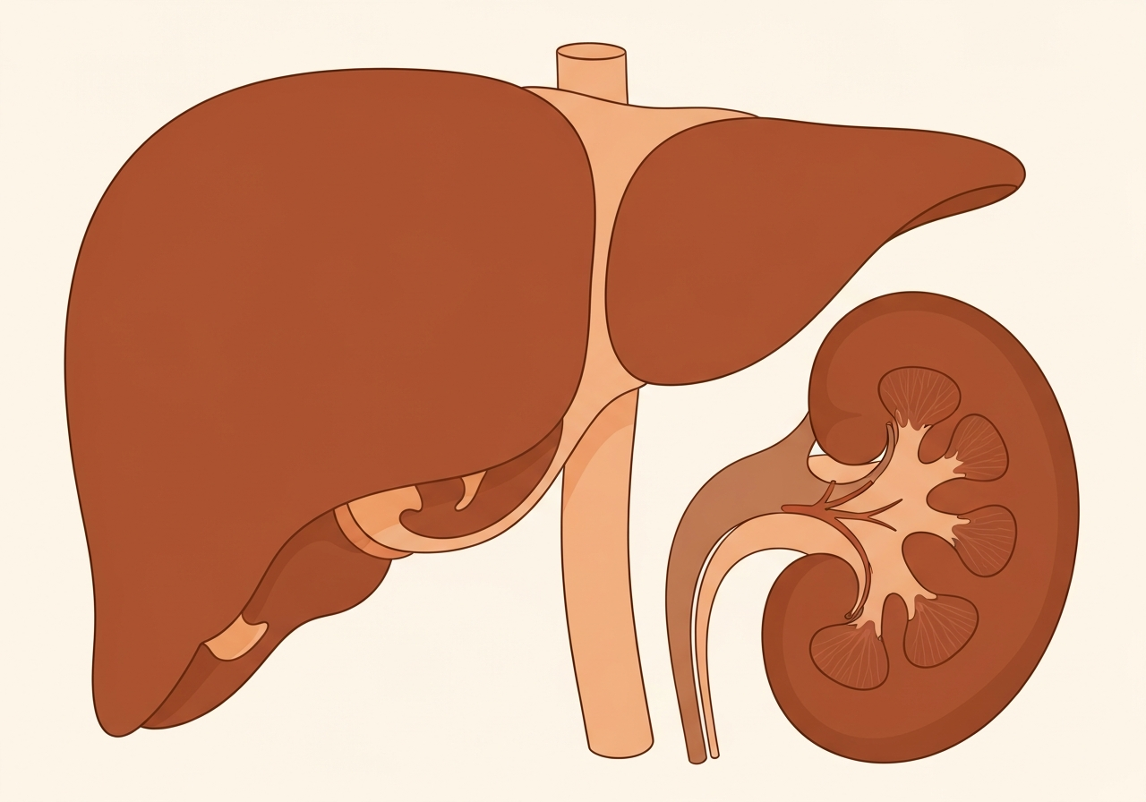Detoxikační smoothies: 5 receptů za 5 minut (Návod) 2 A professional close-up of a human liver and kidneys depicted in a stylized, artistic, modern medical illustration style, clean white background, soft cinematic lighting, high-end editorial health magazine aesthetic, 85mm lens, no text, no words, no letters.