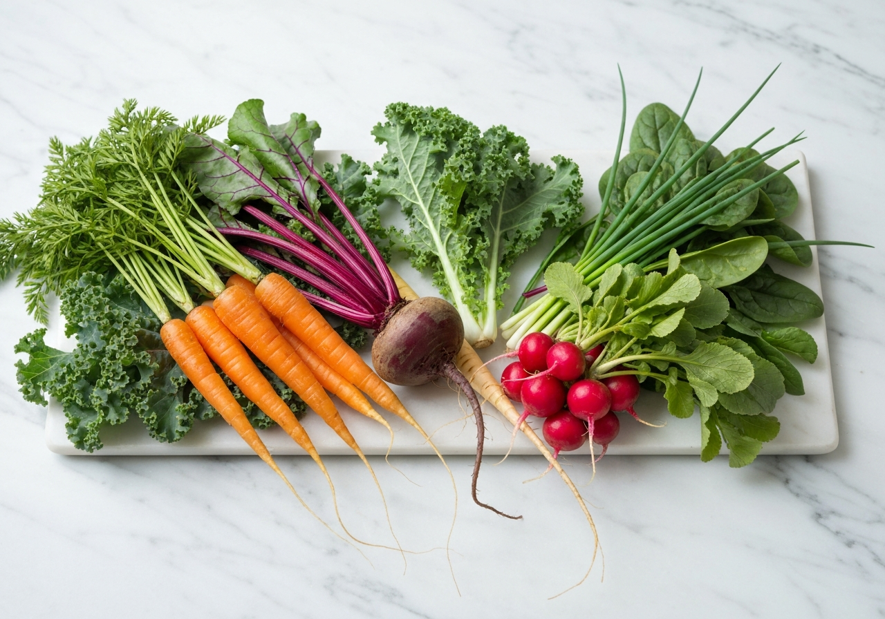 Detoxikační smoothies: 5 receptů za 5 minut (Návod) 3 A vibrant assortment of colorful organic vegetables, prebiotic-rich roots, and dark leafy greens arranged on a clean marble surface, soft natural light, 85mm lens, editorial wellness photography, premium aesthetic, no text, no letters