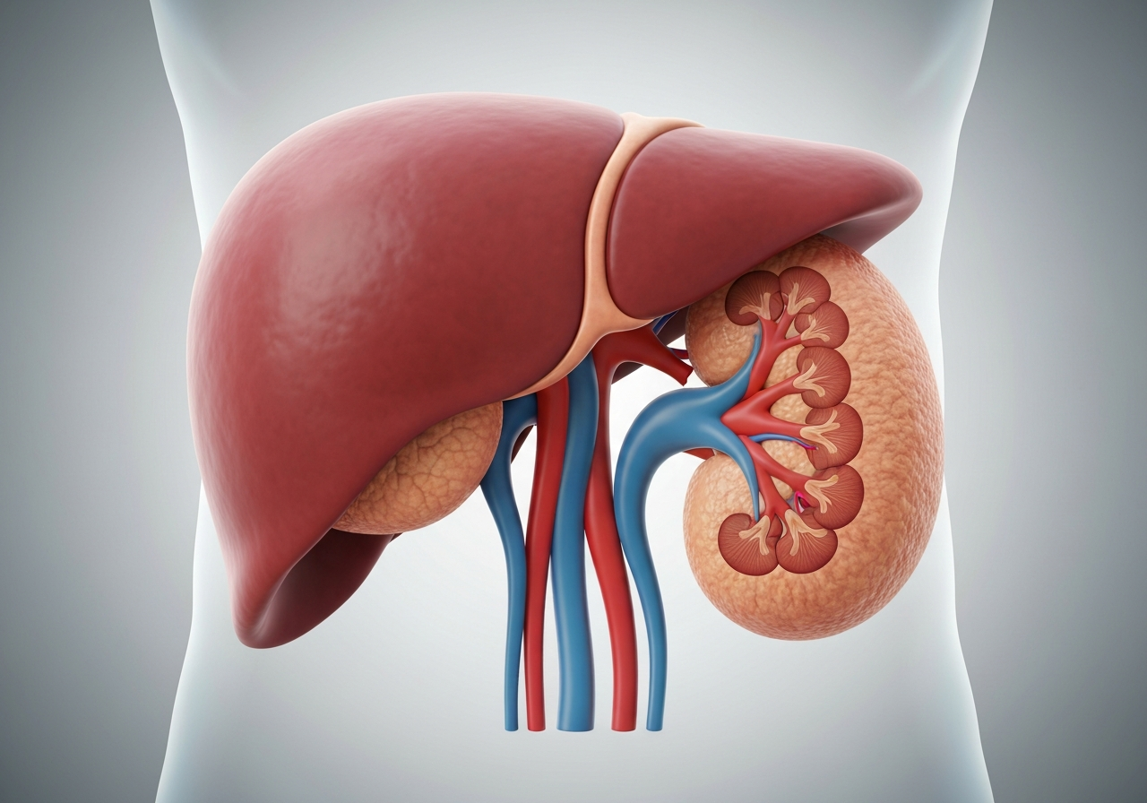 A professional medical illustration of human liver and kidneys, clean clinical background, editorial aesthetic, soft natural light, macro detail, high resolution, no text, no letters, 85mm lens