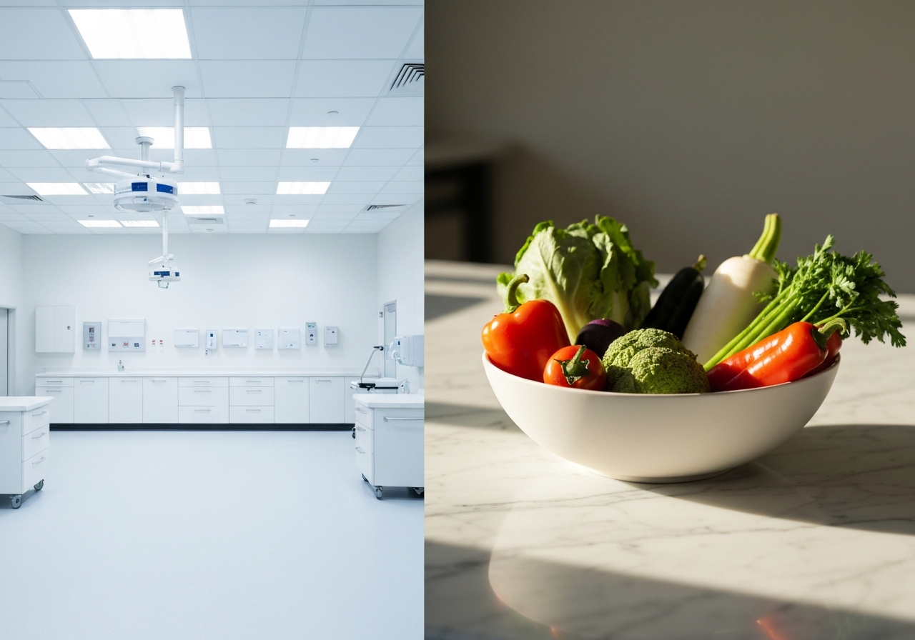 A split composition showing a sterile medical facility setting on one side and a minimalist bowl of vibrant fresh vegetables on a marble surface on the other, professional clinical lighting vs soft warm morning light, editorial aesthetic, 85mm lens, high resolution, no text, no letters
